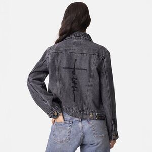 Love In Faith Vintage Washed Faith Cross Denim Jacket Embroidered Black